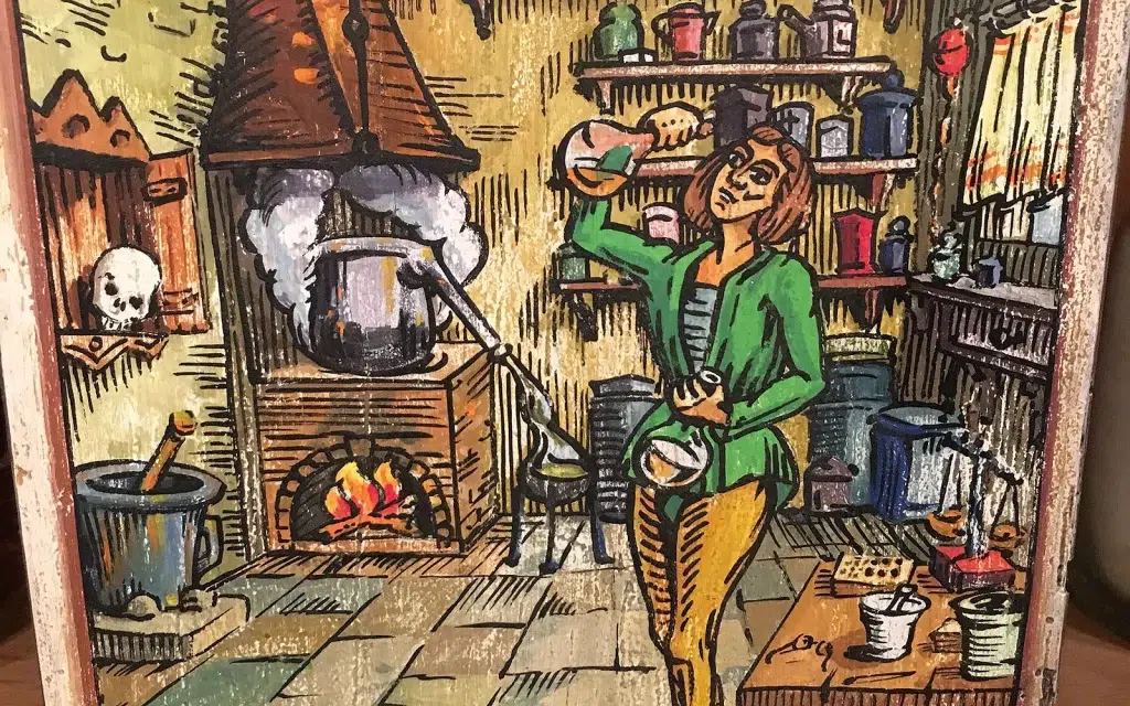 Historischer Offizin-Stich von 1663 – Darstellung eines Apothekers bei der Arzneimittelherstellung in der Alten Amts Apotheke Bad Camberg