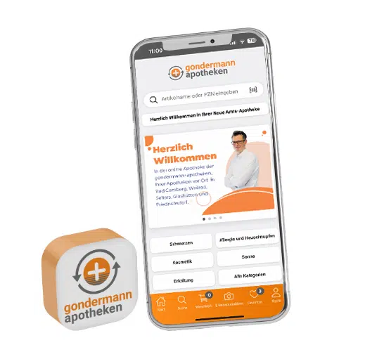 Beispielbild zur Gondermann Apotheken App – App-Symbol als Block neben einem Smartphone mit geöffnetem Apotheken-Shop auf dem Bildschirm, Darstellung einer modernen digitalen Gesundheitslösung