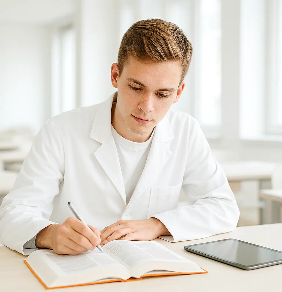 Symbolbild für die pharmazeutische Ausbildung: Apotheker im Praktikum (PhiP) lernt konzentriert mit Tablet und aufgeschlagenem Fachbuch – Verbindung von Theorie und Praxis im Apothekenalltag
