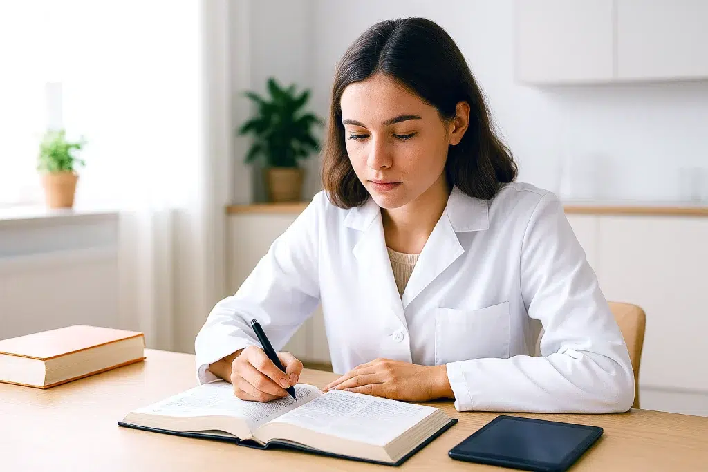 Symbolbild für die PTA-Ausbildung: Auszubildende sitzt konzentriert mit Tablet und aufgeschlagenem Fachbuch – digitales und klassisches Lernen vereint im pharmazeutischen Unterricht