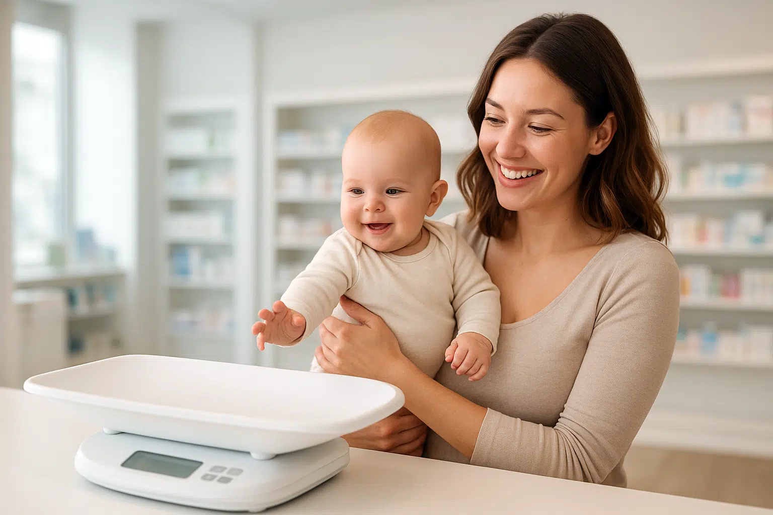 Symbolbild für den Verleih von Babywaagen: Eine Kundin mit Baby auf dem Arm steht vor einer Babywaage in der Apotheke – vertrauensvolle Unterstützung für junge Familien direkt vor Ort
