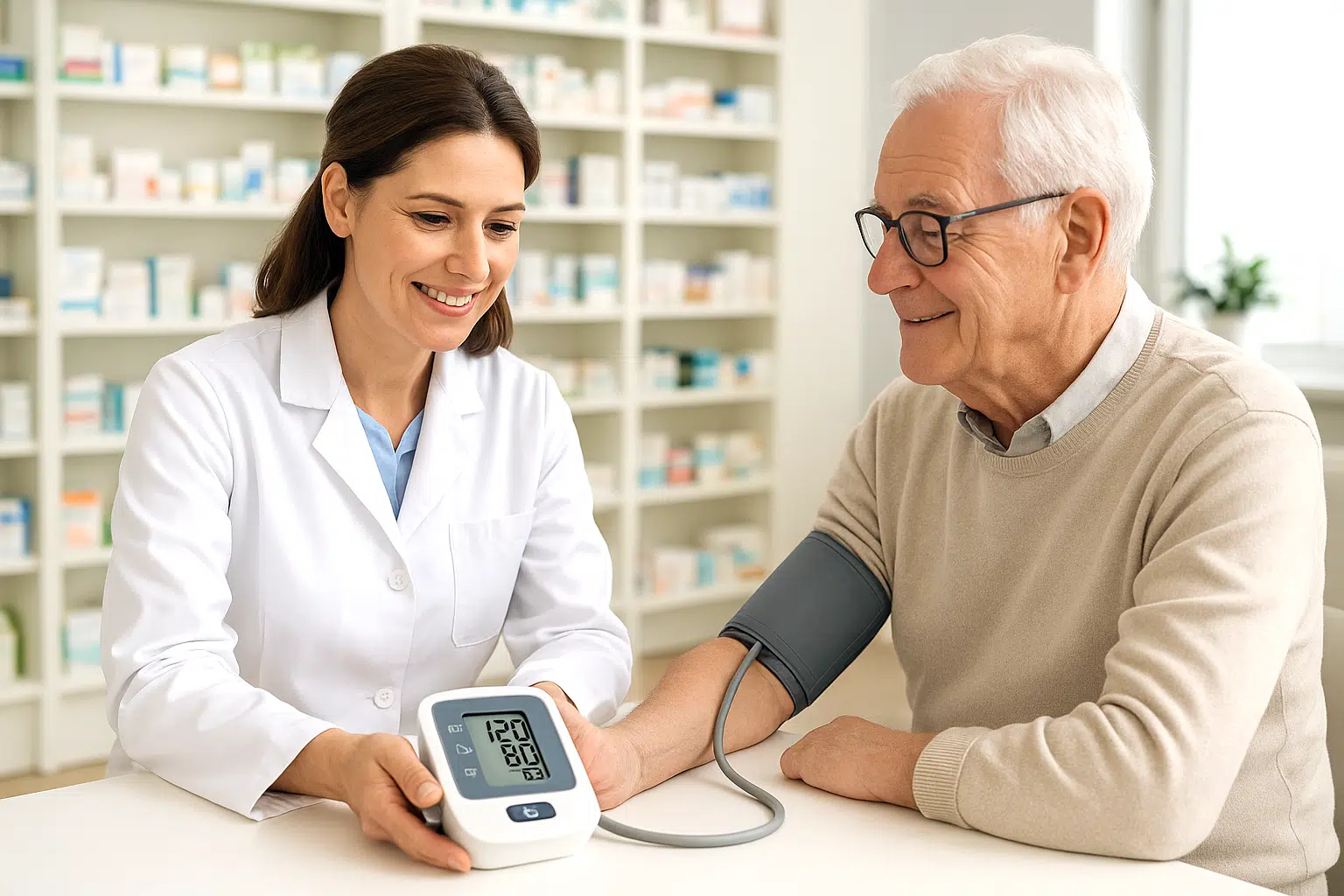 Apothekerin führt eine pharmazeutische Dienstleistung durch und misst den Blutdruck eines älteren Kunden in der Offizin – Gesundheitsvorsorge direkt in der Apotheke