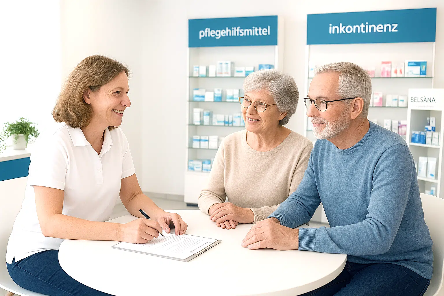 Symbolbild für Beratung im Pflegeshop: Eine Mitarbeiterin füllt Anträge aus, gemeinsam mit einem älteren Ehepaar am Tisch – im Hintergrund Regale mit Pflegehilfsmitteln und Inkontinenzprodukten