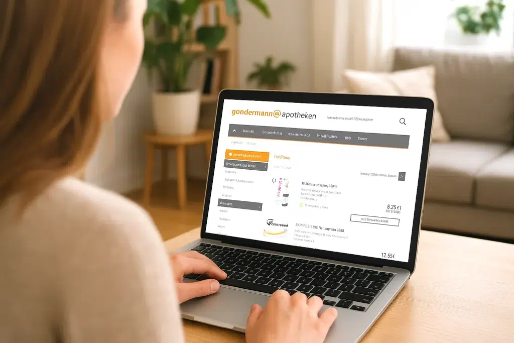 Frau sitzt am Esstisch vor ihrem Laptop und surft im Onlineshop der Gondermann Apotheke – bequeme Online-Bestellung von Medikamenten und Gesundheitsprodukten von zu Hause aus