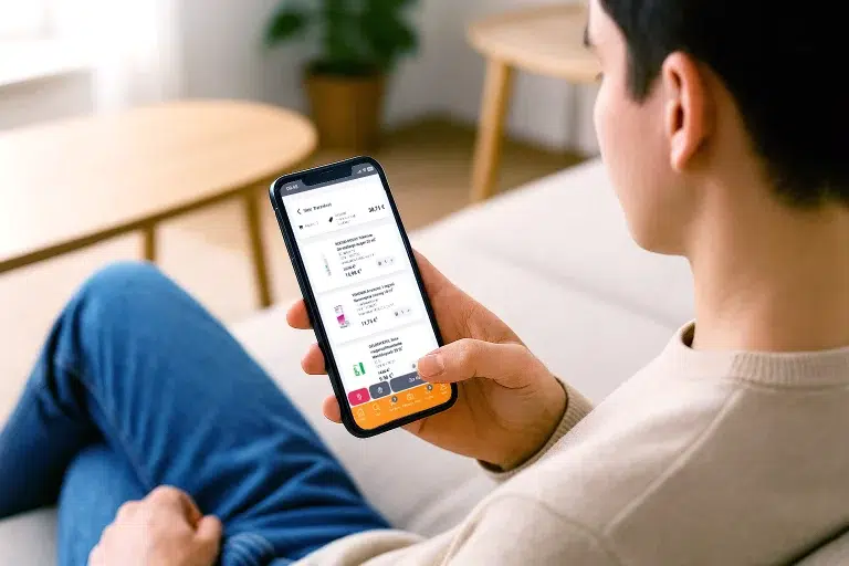 Blick über die Schulter eines jungen Mannes, der entspannt auf dem Sofa sitzt und auf seinem Smartphone den Onlineshop der Gondermann Apotheken besucht – bequem Medikamente online bestellen