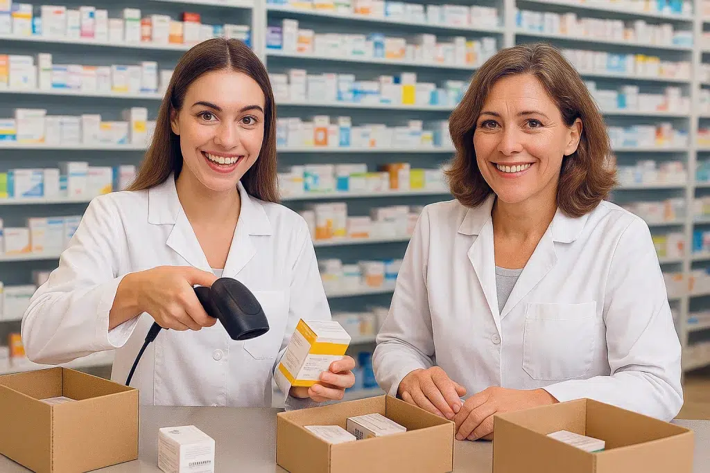 Symbolbild für die Ausbildung zur PKA: Eine erfahrene Kollegin steht mit der Auszubildenden im Warenlager, während die jüngere Medikamente einscannt, die sie gerade auspackt – beide lachen in die Kamera und zeigen Freude am Arbeitsalltag in der Apotheke