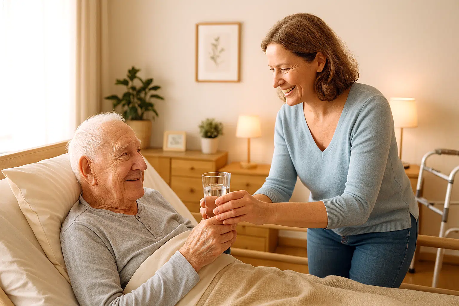 Symbolbild für die häusliche Pflege: Ein älterer Mann liegt im Pflegebett, während seine Tochter ihm fürsorglich ein Glas Wasser reicht – liebevolle Unterstützung und Alltagshilfe in vertrauter Umgebung