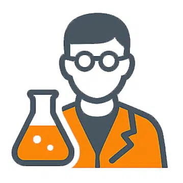 Icon für Praktikum in der Apotheke: stilisierter Apotheker mit Kittel und ein breites Reagenzglas – Symbol für pharmazeutisches Lernen und praktische Erfahrung