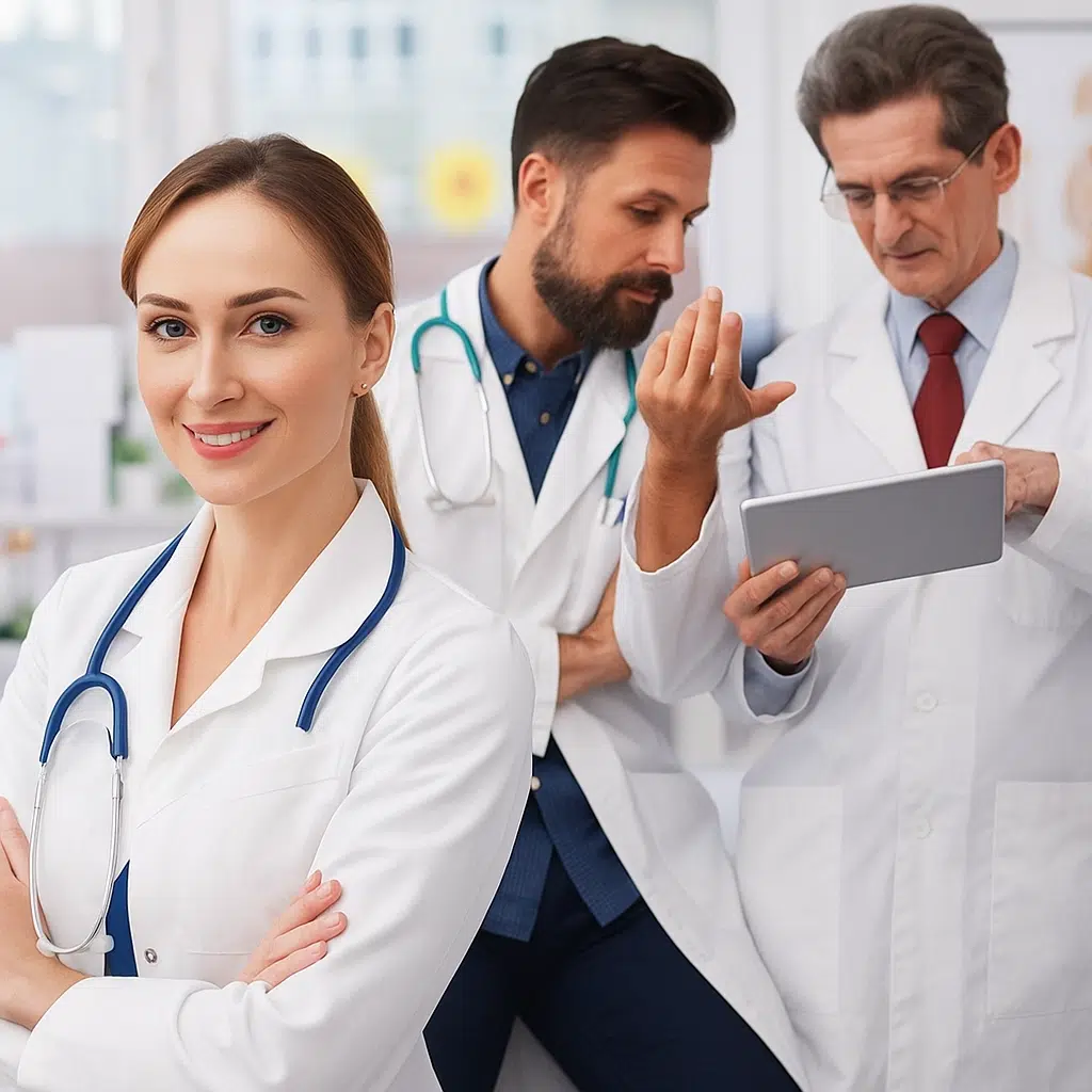 Symbolbild zur Praxisversorgung: Im Vordergrund eine Ärztin mit Stethoskop, im Hintergrund ein Arzt und ein Apotheker, die gemeinsam ein Tablet betrachten – interprofessionelle Zusammenarbeit für optimale Patientenversorgung bei Gondermann Apotheken