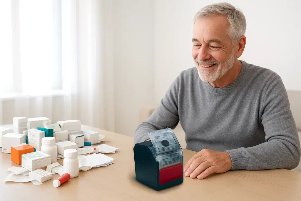 Symbolbild für die Vorteile des Verblisterns: Ein älterer Mann sitzt erleichtert vor einer Medikamentenbox mit Blister, während auf dem Tisch daneben ein Chaos aus Medikamentenpackungen liegt – mehr Übersicht und Sicherheit in der Arzneimitteltherapie