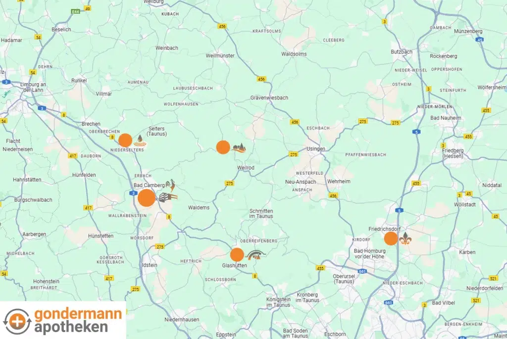 Standortkarte der Gondermann Apotheken mit orangefarbenen Markierungen und Logos – Übersicht aller Apothekenfilialen in Bad Camberg und Umgebung